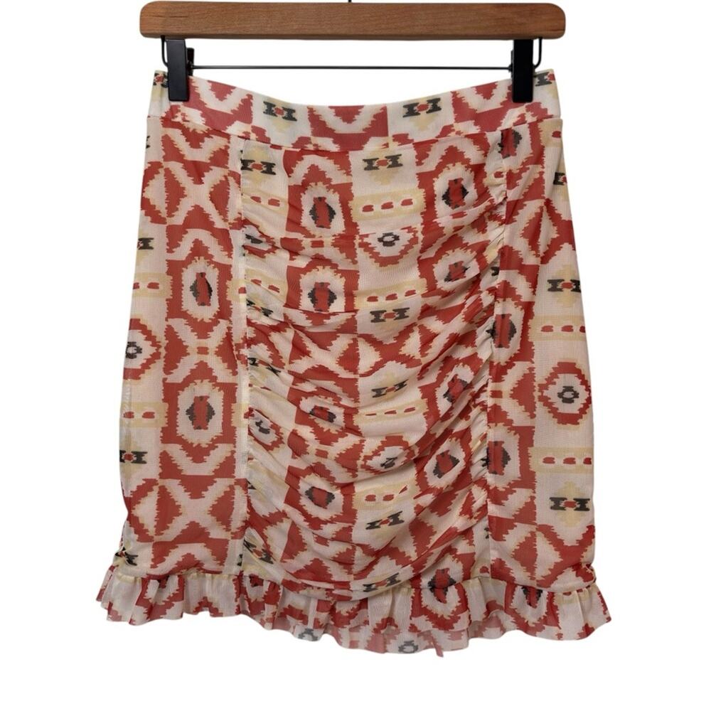 FREE PEOPLE ROMI RUCED MESH SKIRT IN GEOMETRIC COMBO WOMEN SIZE LARGE NEW